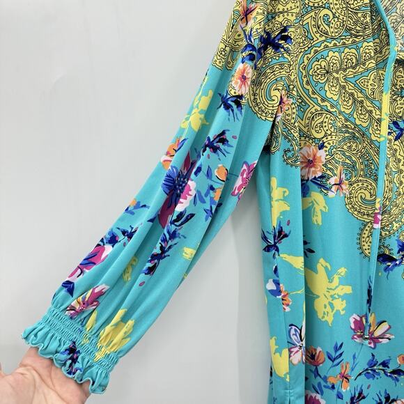 Susan Gravel Liquid Knit Paisley Floral Popover Top Size L Blue Pretty Office - Picture 3 of 11